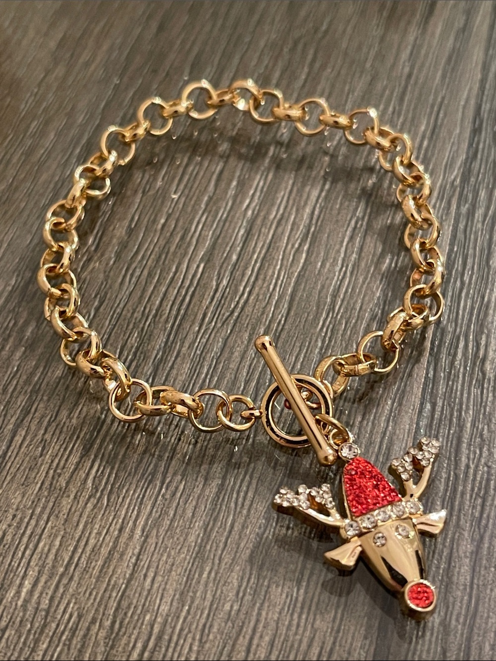 Vintage JCM Gold-tone Rolo Style Chain Bracelet w/ Reindeer Charm & Toggle Clasp